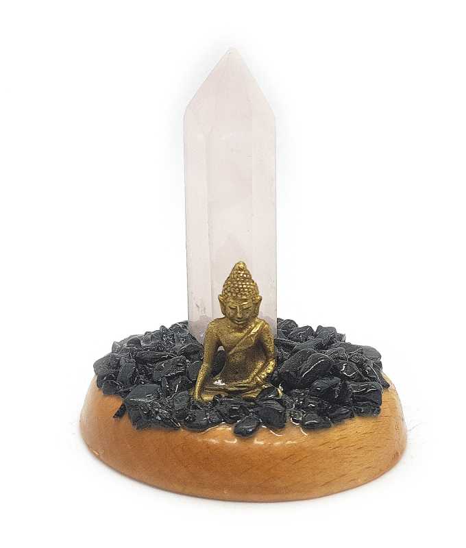 Buddha mit Rosenquarz Spitze und Onyx in Holzgefäß